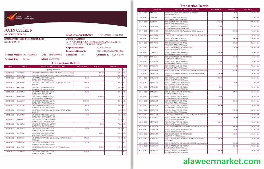India Post Payments Bank statement template, Word and PDF format, 4 pages